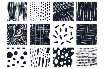 Set of hand drawn patterns isolated. Vector textures made with ink, pencil, brush. Geometric doodle shapes of spots, dots, circles, strokes, stripes, lines. Template for social media, posters, prints