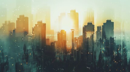 Fototapeta premium City skyline with skyscrapers close up, focus on, copy space Majestic structures, Double exposure silhouette with clouds