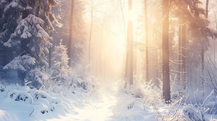 Snowcovered forest in morning fog Winter landscape with snowy trees at sunrise Wintry woods in misty conditions Frosty winter scene Enchanting foggy woods Ethereal winter woodland Snow : Generative AI