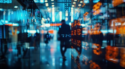 Trading floor with stock tickers close up, focus on, copy space Realtime trading, Double exposure silhouette with finance