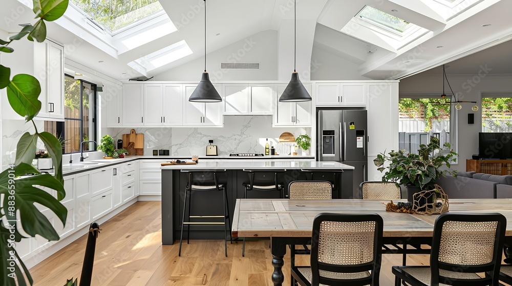 Poster a kitchen and dining area with skylights on the ceiling over the island which has been used as an ex