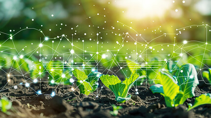 A futuristic digital landscape of growing plants with icons and graphs representing the use of artificial intelligence in agriculture