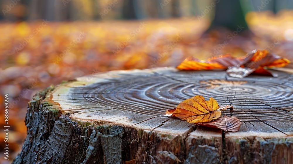 Poster Annual rings of a sawnoff tree in an autumn forest Moss on the tree stump and brown leaves on the edge Age of the tree can be counted : Generative AI