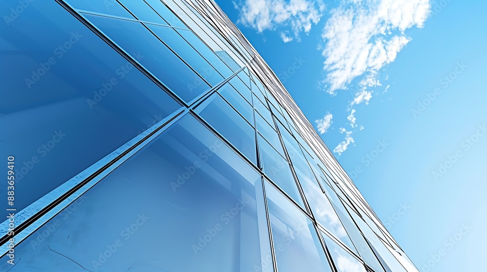 Aufkleber Modern geometric Building against blue Sky in Low Angle and perspective side view Abstract Architecture background : Generative AI