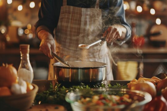 chef stirring a pot of soup adding spices