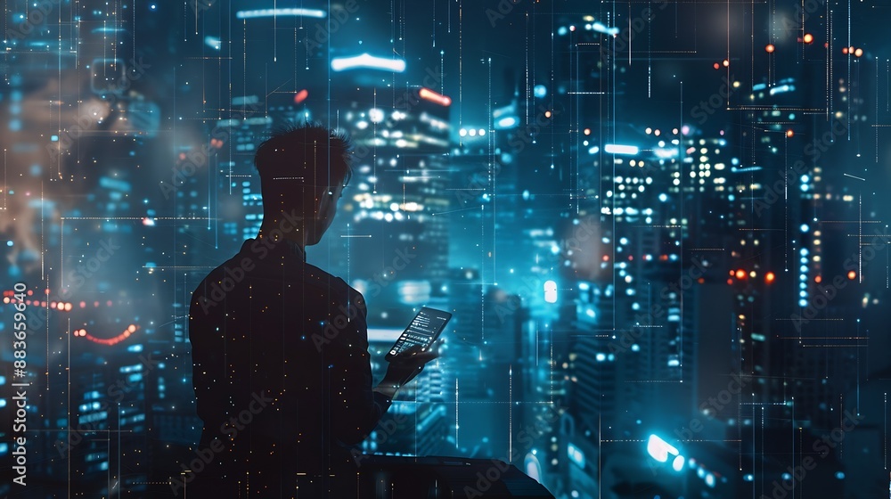 Poster Digital technology big data internet network connection futuristic innovation technology background Man using mobile phone and laptop and smart city : Generative AI