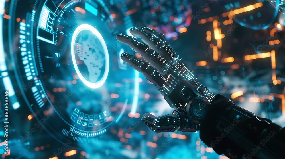Fototapete Digital world metaverse smart technology AI artificial intelligence hands robot engineer digital technology world security system big data analytic future technology : Generative AI
