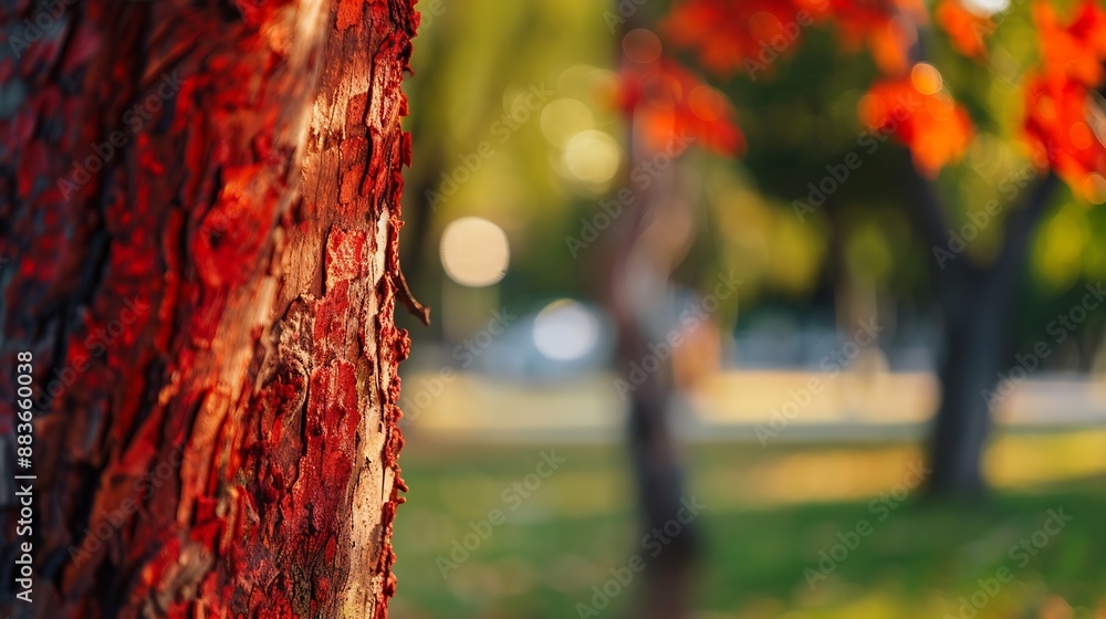 Poster closeup of a red tree trunk in a park : generative ai