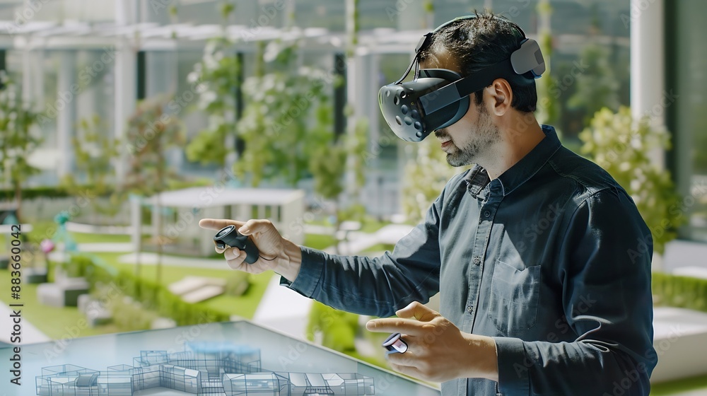 Poster Male architect uses VR headset and wireless controllers presents modern hitech building and park architectural project in virtual reality to colleagues 3D hologram Future digital AI te : Generative AI