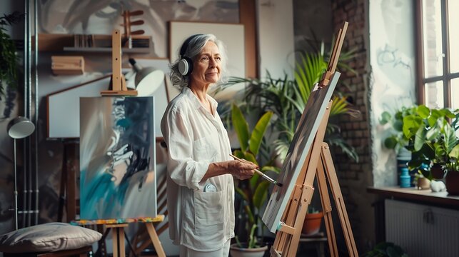 Elderly fun artist woman 50 years old wear casual clothes stand near easel with painting artwork paint listen to music in headphones spend free spare time in living room indoor Leisure : Generative AI