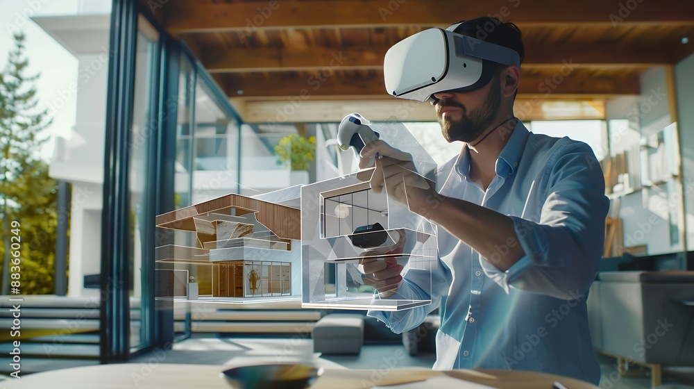 Poster male designer uses vr headset and wireless controllers presents smart home exterior design project i