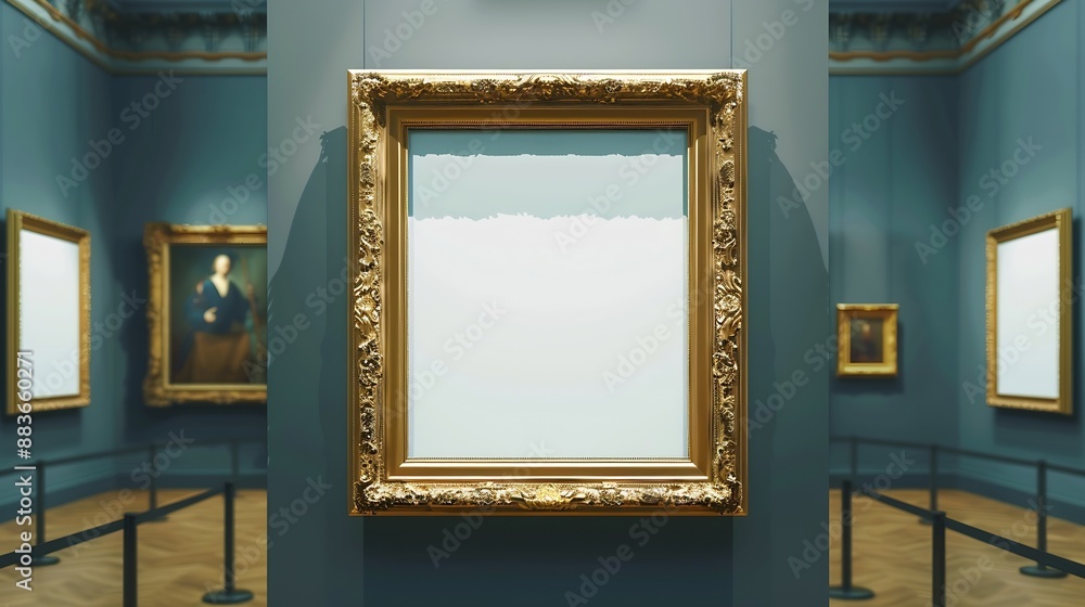 Leinwandbilder mockup vertical white blank space in classic gold wooden square frame hanging isolated on luxury blu