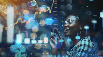 Digital overlay or black woman with phone call for communication networking or contact us at night Stock market happy or trading girl for financial invest data growth planning or doubl : Generative AI