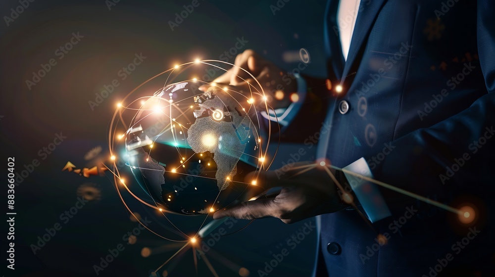 Poster Digital marketing global business Businessman using digital tablet with global network connection and online marketing strategy and planning business intelligence technology and global : Generative AI
