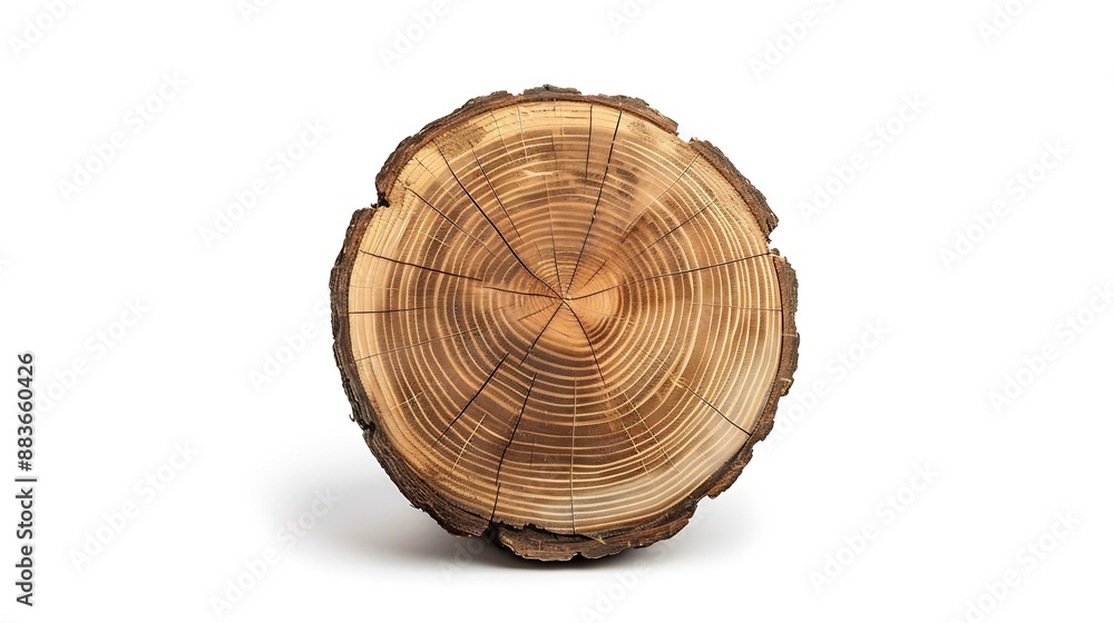 Poster round piece of wood in cross section with wood texture pattern isolated on a white background detail