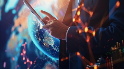 Digital technology abstract background global business internet network connection Businessman using digital tablet with data analysis social media marketing business strategy internet : Generative AI