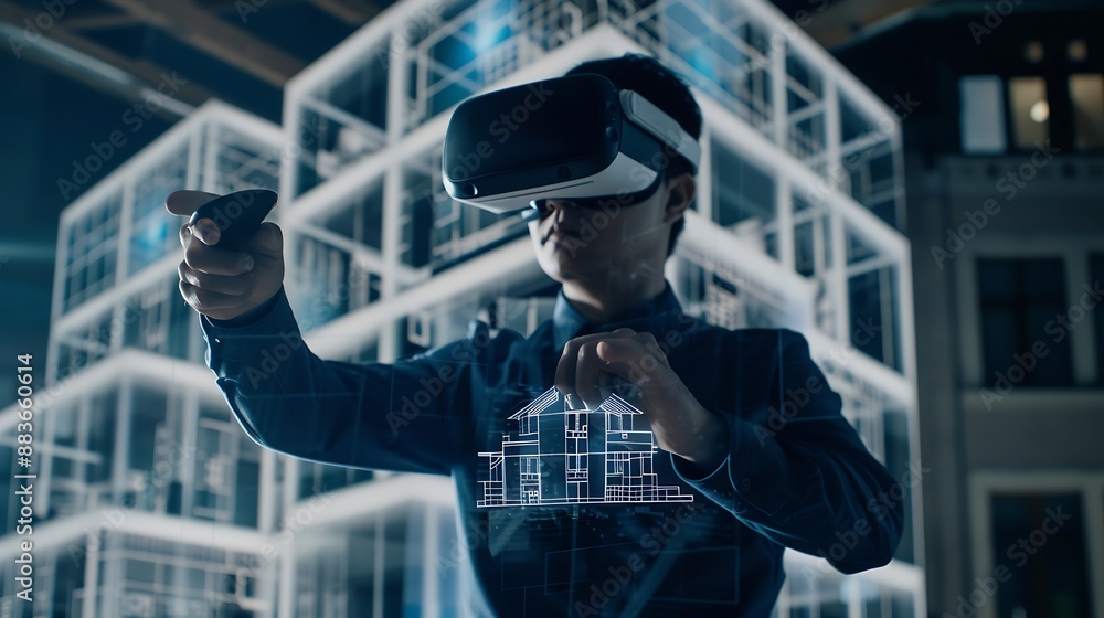 Poster male designer uses vr headset and wireless controllers makes architectural project creates house ext