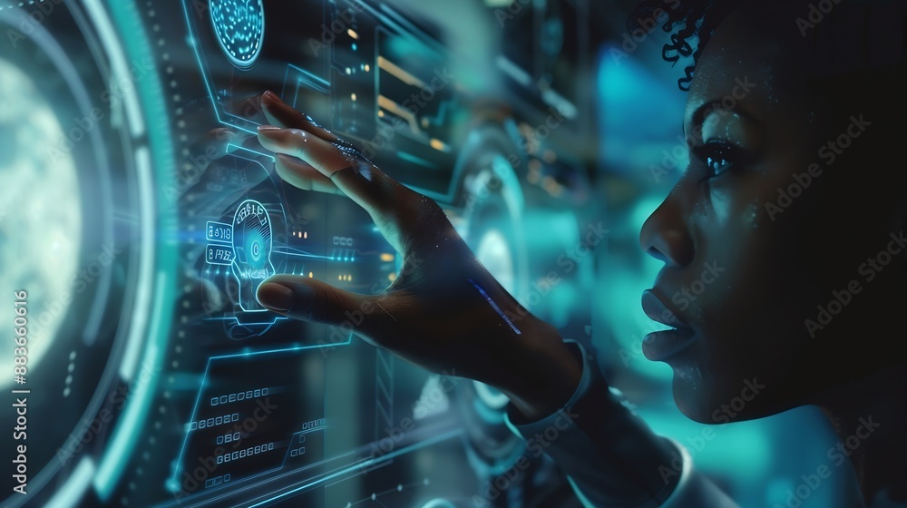 Aufkleber hand future and finance with a business black woman touching an ai interface for data or information