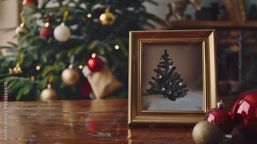 Aufkleber christmas photo frame mock up template with decoration on wooden table high quality photo : generati