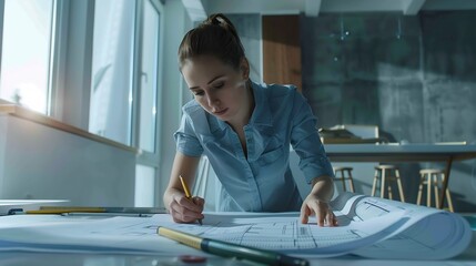 Caucasian young female architect working with home drawing plan on blue print with architect equipment in the office : Generative AI