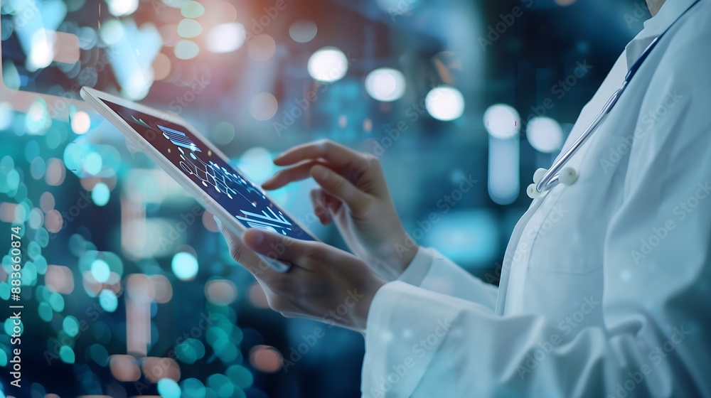 Poster Hands healthcare and future with a doctor using a tablet in a hospital with digital overlay or CGI Data ai and medical with a health professional doing research on technology for innov : Generative AI