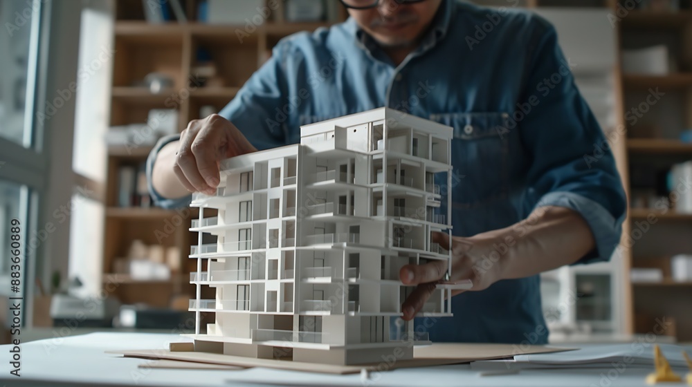 Poster Close up Asian individual architect or engineer holding building scale model of multistory building design or review of architectural plans laid out on work surface in front of them : Generative AI