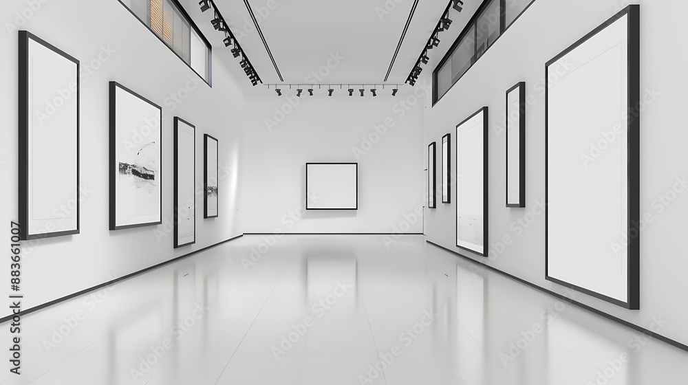 Poster gallery interior with empty frames on wall : generative ai