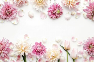 Floral beauty pink and white flowers arranged on white surface with space for text