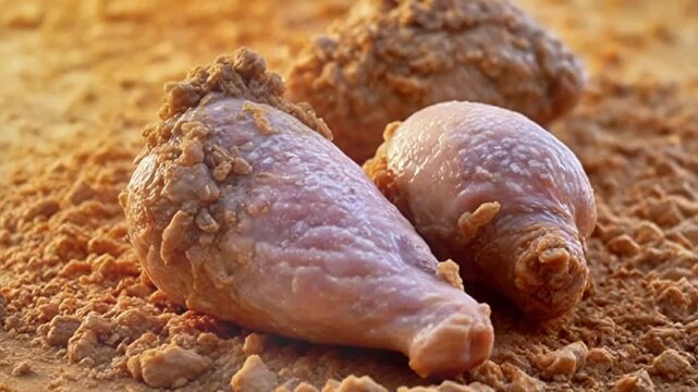 Raw chicken meat descending into a pristine mound of seasoned flour