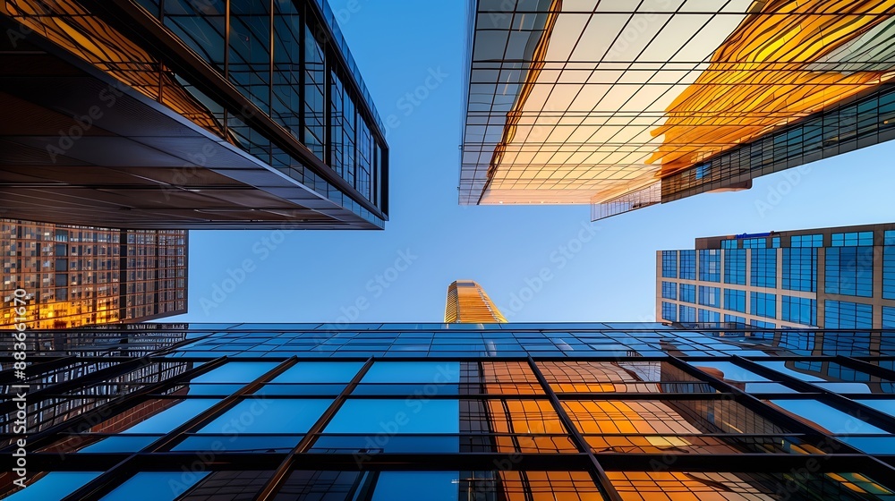 Poster From below of entrance of office building next to contemporary high rise structures with glass mirrored walls and illuminated lights in calgary city against cloudless blue sky : Generative AI