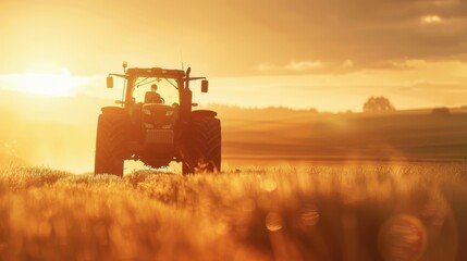 Fototapeta premium Farmland with tractor close up, focus on, copy space Cultivated land, Double exposure silhouette with rural work