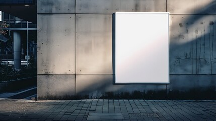 Mockup white paper or white sticker poster displayed on a sidewalk wall Promotion information for marketing announcements and details : Generative AI