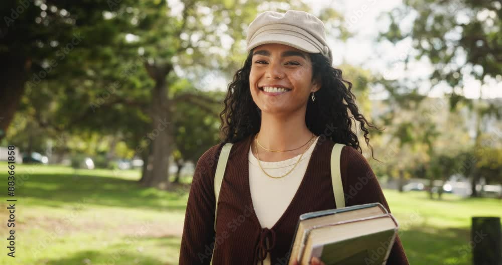 Sticker Happy woman, student and confidence with books in nature for learning, education or studying at outdoor park. Portrait of young female person with smile or textbooks for academic journey or ambition