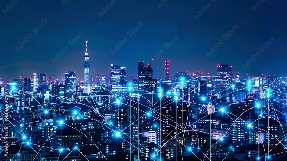 Aufkleber smart city and big data connection technology concept with digital blue wavy wires with antennas on 