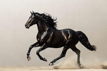 a black horse is galloping in the sand