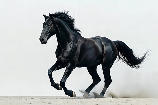 a black horse is galloping on the sand - Powered by Adobe