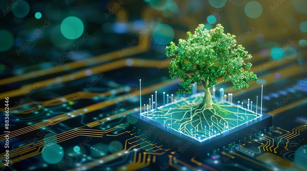 Poster Tree growing on Circuit digital cube Digital and Technology Convergence Blue light and Wireframe network background Green Computing Green Technology Green IT csr and IT ethics Concept : Generative AI