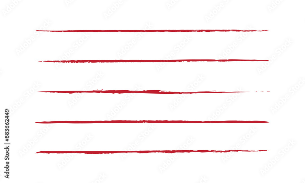 Poster crayon underline collection of red textured horizontal brushstrokes - rough, uneven lines with varyi