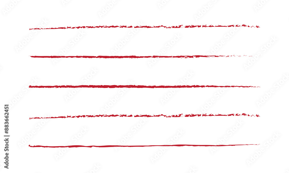 Poster crayon underline collection of red textured horizontal brushstrokes - rough, uneven lines with varyi