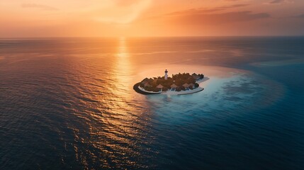 Fototapeta premium Aerial view of a lighthouse of a luxury resort with bungalows on a small island at sunset Laccadive Sea Indian Ocean Maldives archipelagos : Generative AI