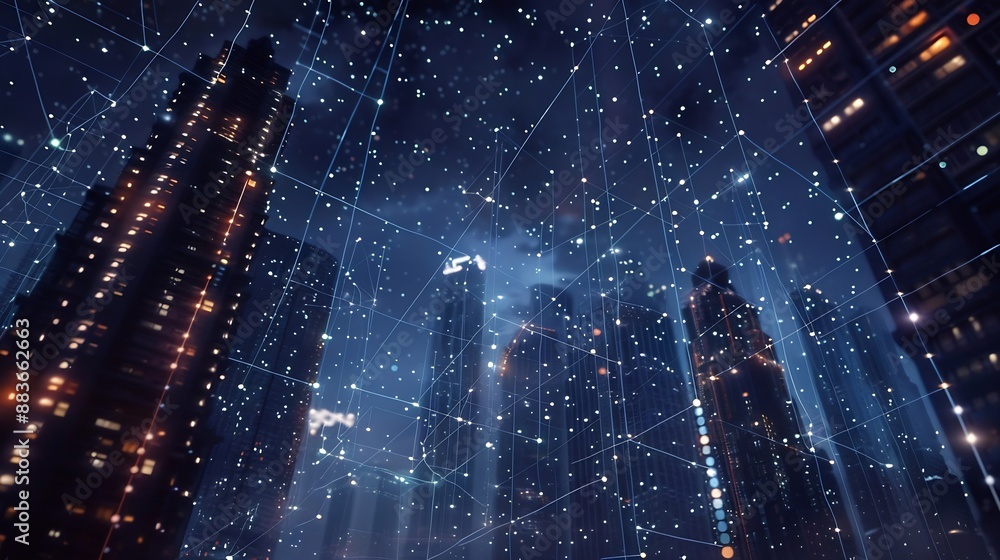 Poster Big data connection technology Cityscape telecommunication and communication network concept : Generative AI