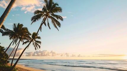 View of tropical paradise beach at sunset with palm trees and ocean kahala hawaii united states : Generative AI
