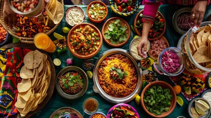 A festive Mexican celebration, with guests enjoying a variety of traditional foods and drinks.