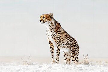 Fototapeta premium a cheetah standing in the middle of a snowy field