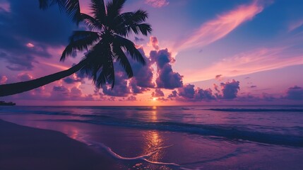 Best most exotic travel landscape Majestic sunset beach Coconut palm tree silhouettes fantastic colorful sky clouds Closeup waves sand Stunning tropical nature scene panoramic island p : Generative AI
