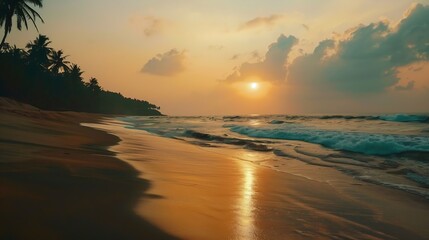 Obraz premium Kerala beach scenery Stunning sunset sky with tropical beach landscape Dramatic sunset background with ocean wave shot from Thottada beach Kannur : Generative AI