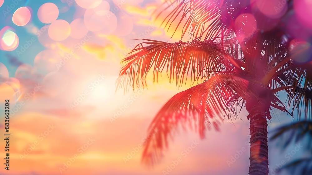 Poster tropical palm tree with colorful bokeh sun light on sunset sky cloud abstract background summer vaca