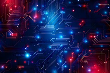 Obraz premium Simple electronics circuit, Light Effect Background with blue and red colours lights in dark blue background, Generative AI