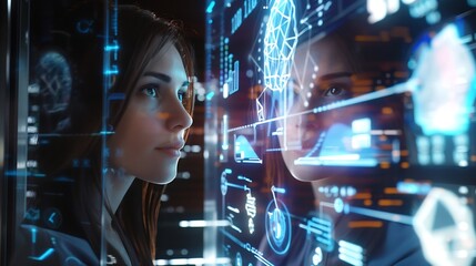 Woman futuristic hologram and UX technology with an abstract iot digital transformation network IT girl doing big data analytics telecommunication overlay and online crypto blockchain  : Generative AI