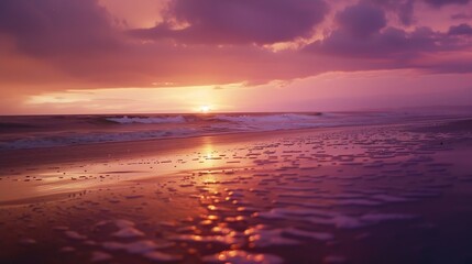 Obraz premium Capture the mesmerizing beauty of a beach sunset with this stunning photograph As the sun dips below the horizon the sky is painted in a breathtaking palette of warm oranges pinks and : Generative AI